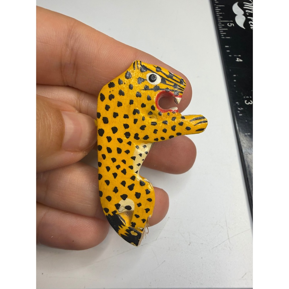 Hand Painted Wooden Leopard Pin Folk Art Animal Brooch Yellow Black Spotted